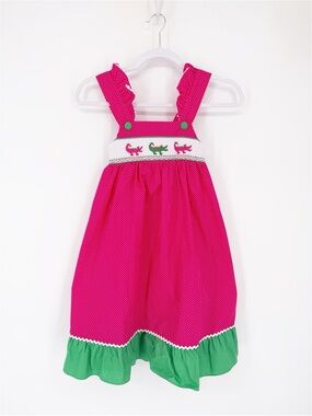 Smocked Alligator Sundress Pink and Green Polka Dot Size 6 Stellybelly